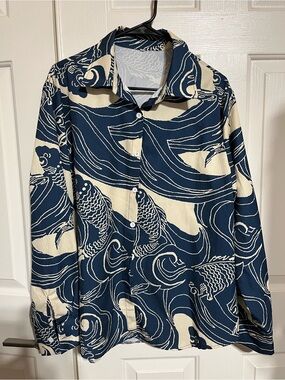 Navy and Cream Wave Print Button-Up 
17-07